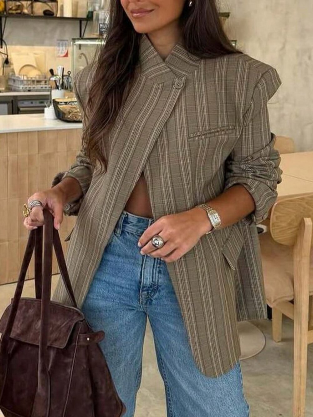 brown Casual Women's Plaid Asymmetric Blazer